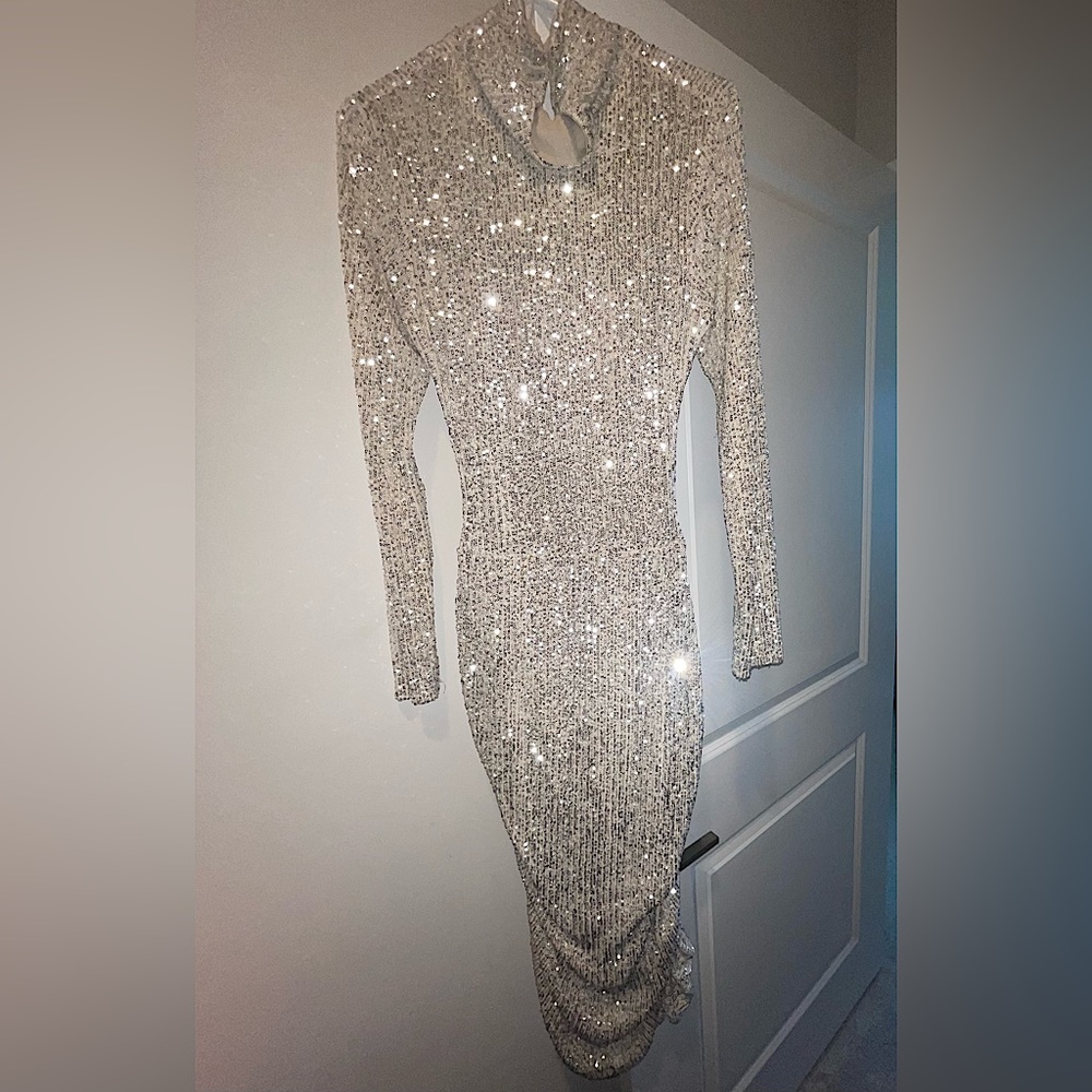 A Stretchy , Comfortable, Nude & Silver Sequined Dress.